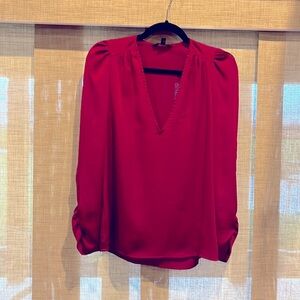Express Red silky V-neck long sleeve blouse XS puff sleeves
